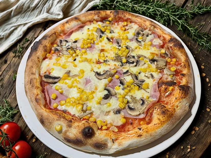 4.ROMA (rajčinový základ, mozzarella, šunka, šampiňony, kukurica)