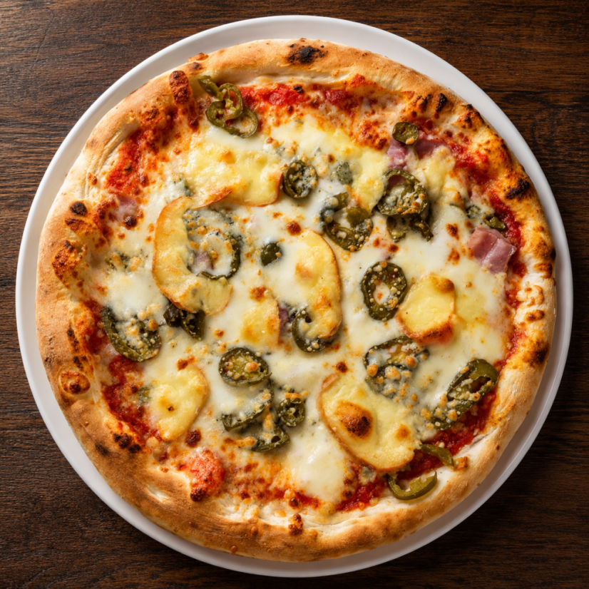 32. CAVALLI (rajčinový základ, mozzarella, kuracie mäso, údený syr, cibuľa, jalapeňos)