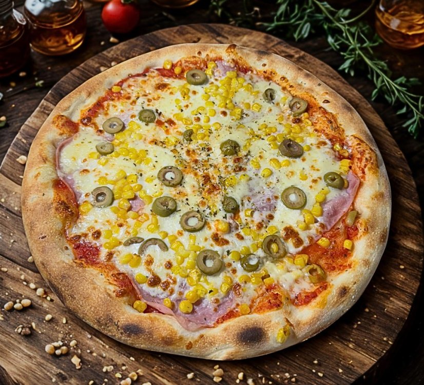 5. OLIVIO (rajčinový základ, mozzarella, šunka, olivy, kukurica)