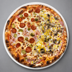 PARTY PIZZA č.2 _ 1/2 - mozzarella, šunka, klobása, feferóny 2/2 - mozzarella, šunka, šampiňóny, kukurica