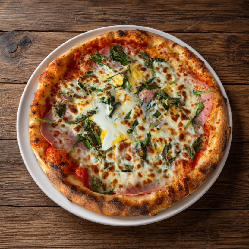 29. LAZIO (rajčinový základ, mozzarella, šunka, baby špenát, vajce )
